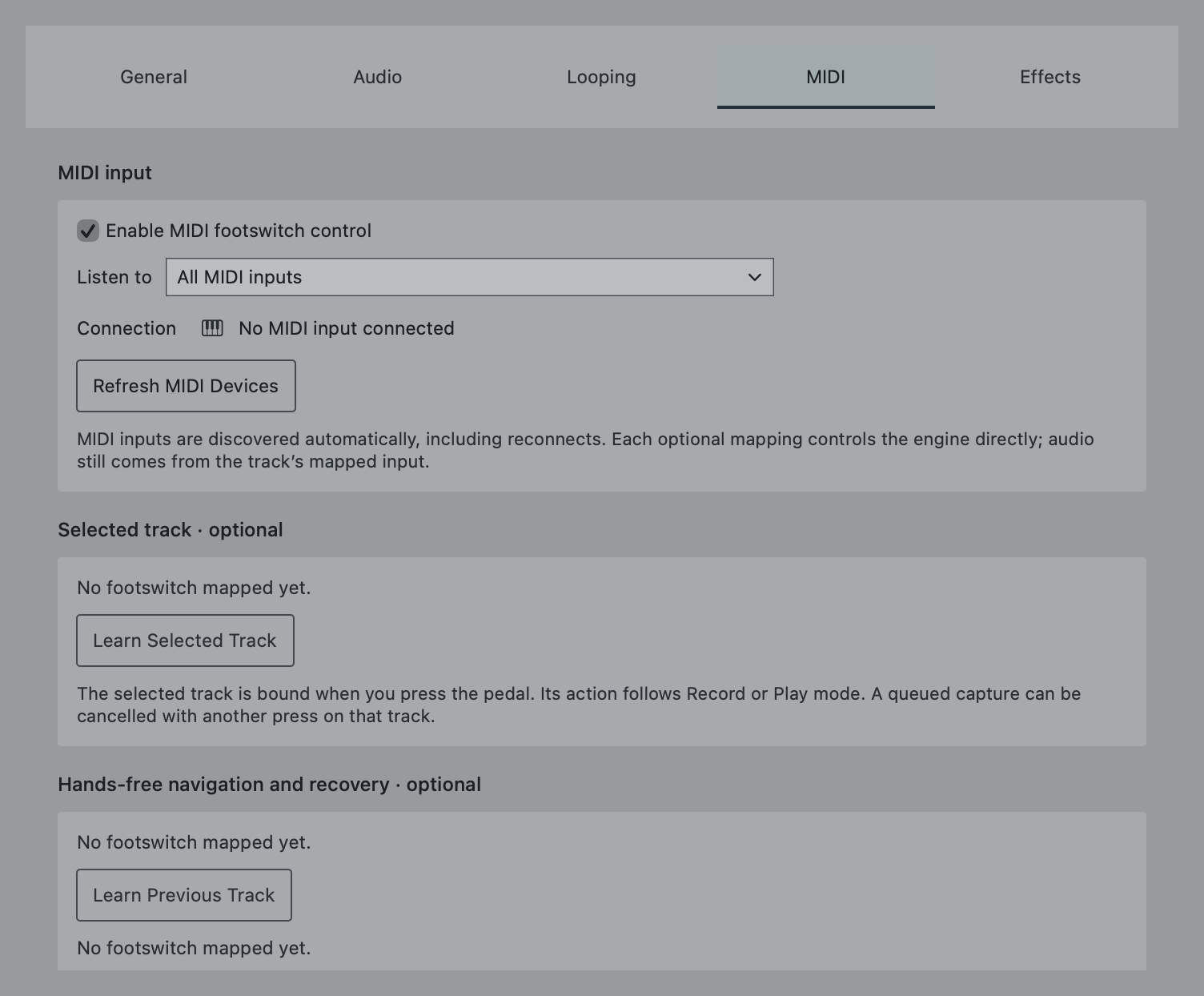 The native MIDI settings in Coherent, including input selection and MIDI Learn.